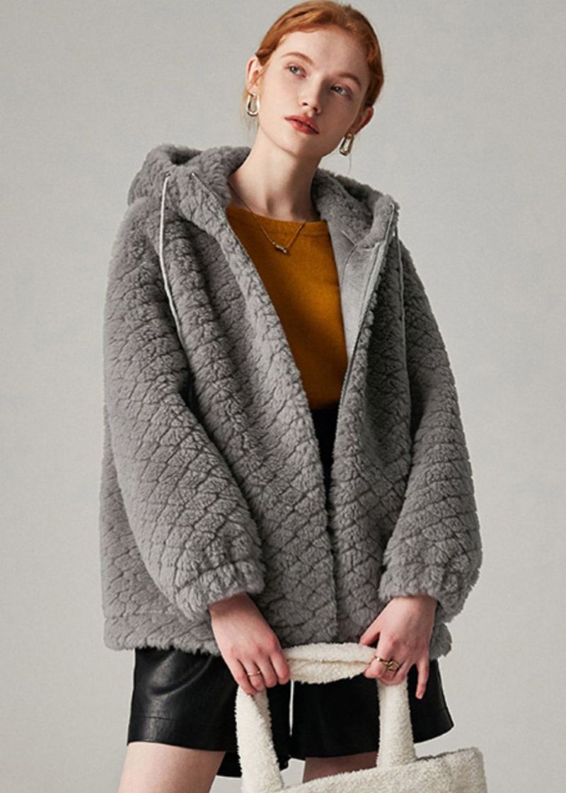 Manteau À Capuche En Fausse Fourrure Avec Cordon De Serrage Gris Hiver - Gris