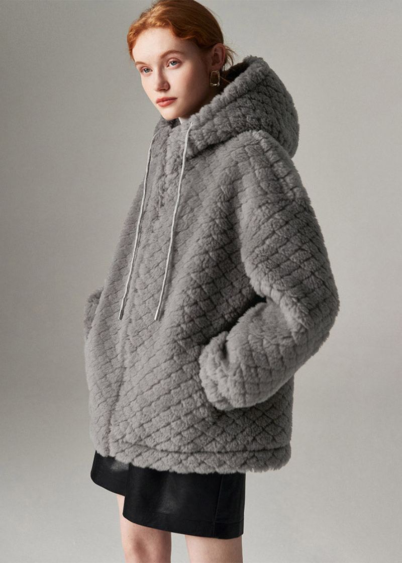 Manteau À Capuche En Fausse Fourrure Avec Cordon De Serrage Gris Hiver - Gris