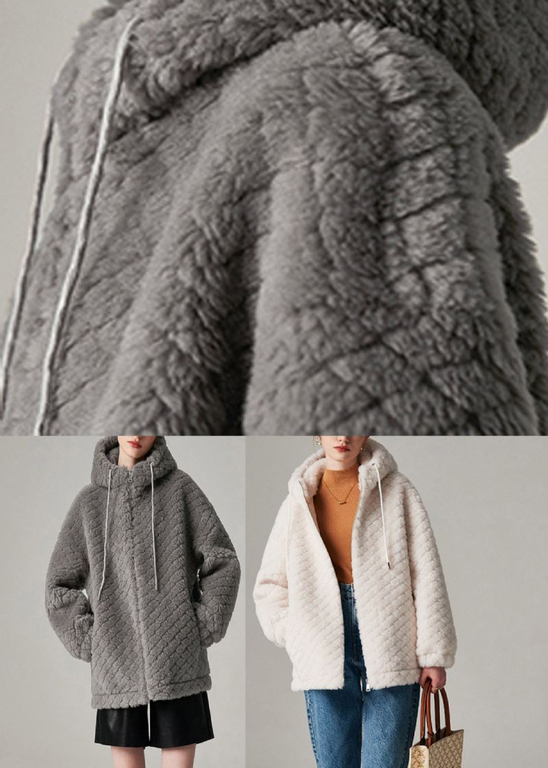 Manteau À Capuche En Fausse Fourrure Avec Cordon De Serrage Gris Hiver - Gris