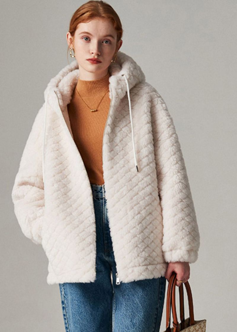 Manteau À Capuche En Fausse Fourrure Blanche Pour Femme Fermeture Éclair Hiver