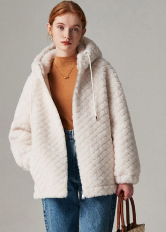 Manteau À Capuche En Fausse Fourrure Blanche Pour Femme Fermeture Éclair Hiver