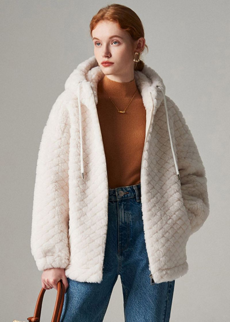 Manteau À Capuche En Fausse Fourrure Blanche Pour Femme Fermeture Éclair Hiver - Blanc