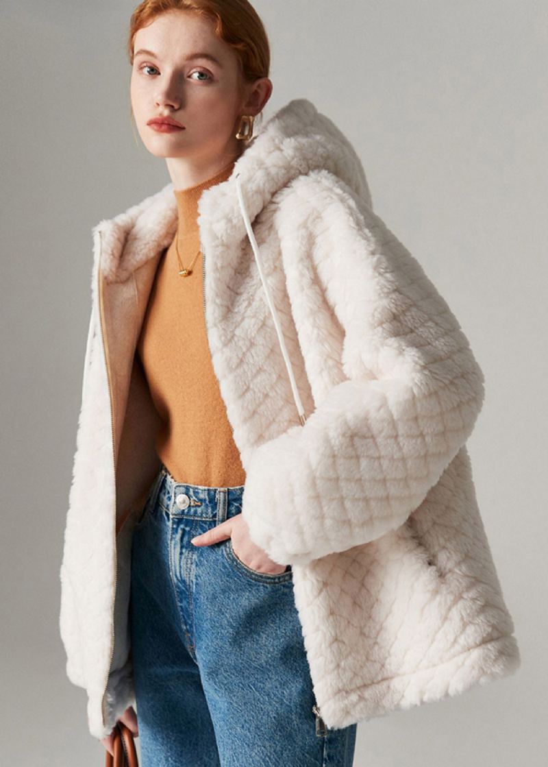 Manteau À Capuche En Fausse Fourrure Blanche Pour Femme Fermeture Éclair Hiver - Blanc