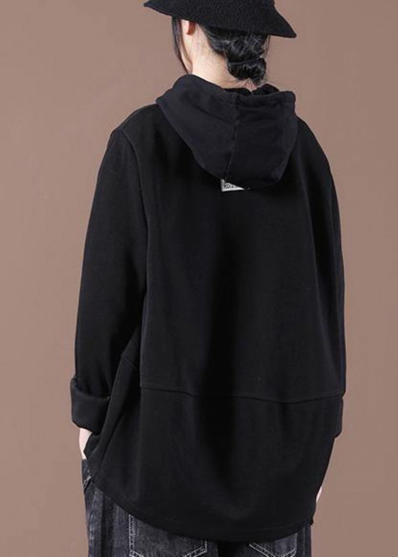 Manteau À Capuche Italien Noir Zippé Printemps - Noir