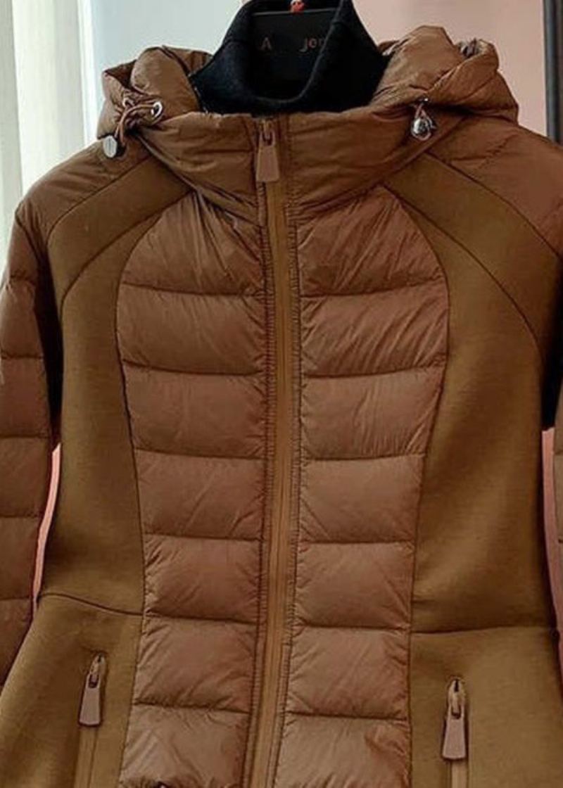 Manteau À Capuche Kaki Français Fermeture Éclair Rempli De Coton Fin Manches Longues - Manteaux d'hiver femmes