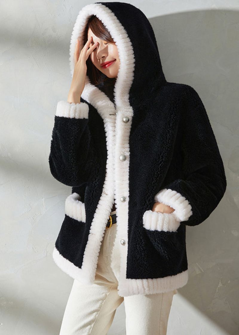 Manteau À Capuche En Laine Épaisse Avec Boutons En Patchwork Noir Moderne D'hiver