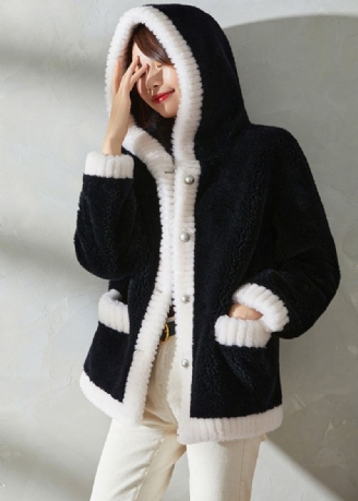 Manteau À Capuche En Laine Épaisse Avec Boutons En Patchwork Noir Moderne D'hiver