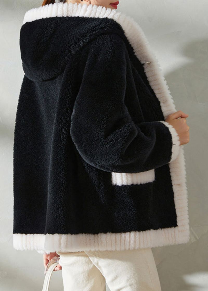 Manteau À Capuche En Laine Épaisse Avec Boutons En Patchwork Noir Moderne D'hiver - Manteaux d'hiver femmes