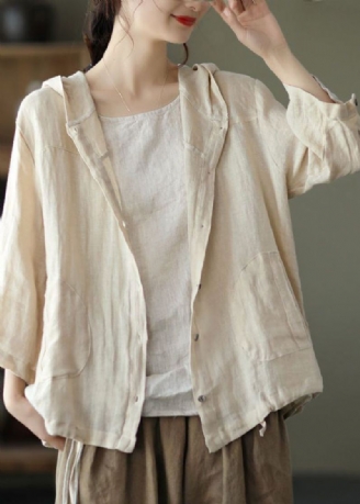 Manteau À Capuche En Lin Avec Poches Beige Naturel Patchwork Été