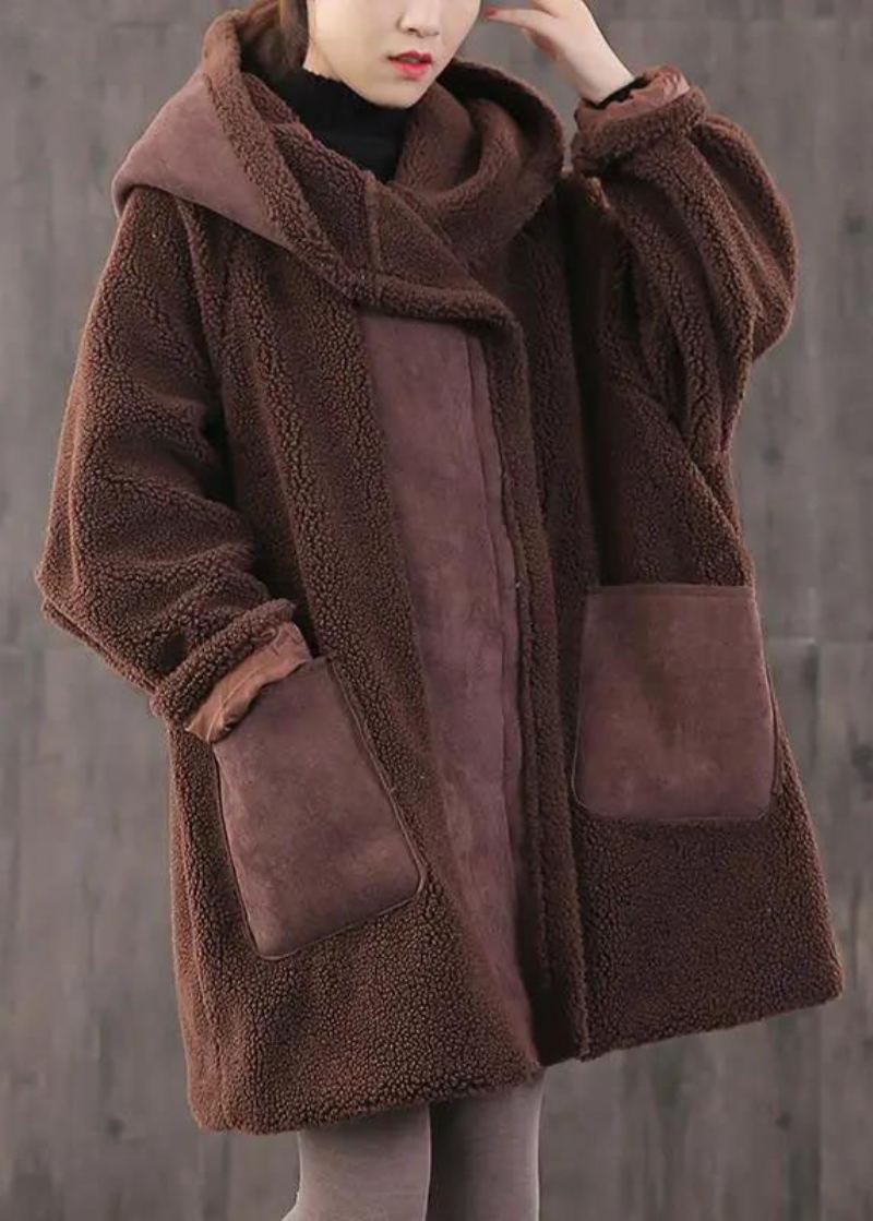 Manteau À Capuche À Manches Longues Et Poches Zippées Chocolat Amples Et Épais Ajustés Hiver