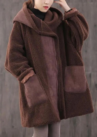 Manteau À Capuche À Manches Longues Et Poches Zippées Chocolat Amples Et Épais Ajustés Hiver