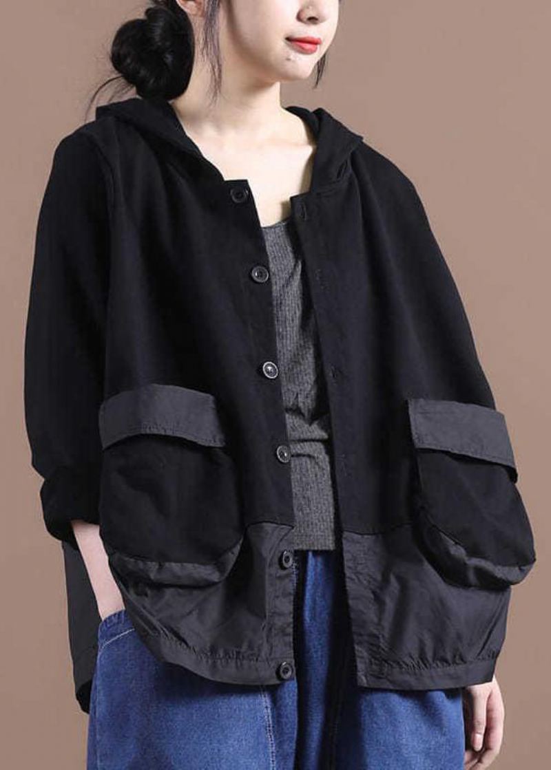 Manteau À Capuche Noir Décontracté Col Rond Poches Patchwork Boutons Manches Longues - Noir