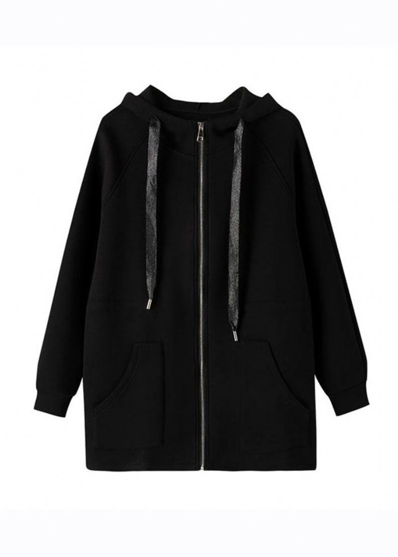 Manteau À Capuche Noir Zippé Avec Cordon De Serrage De Grande Taille Automne - Noir