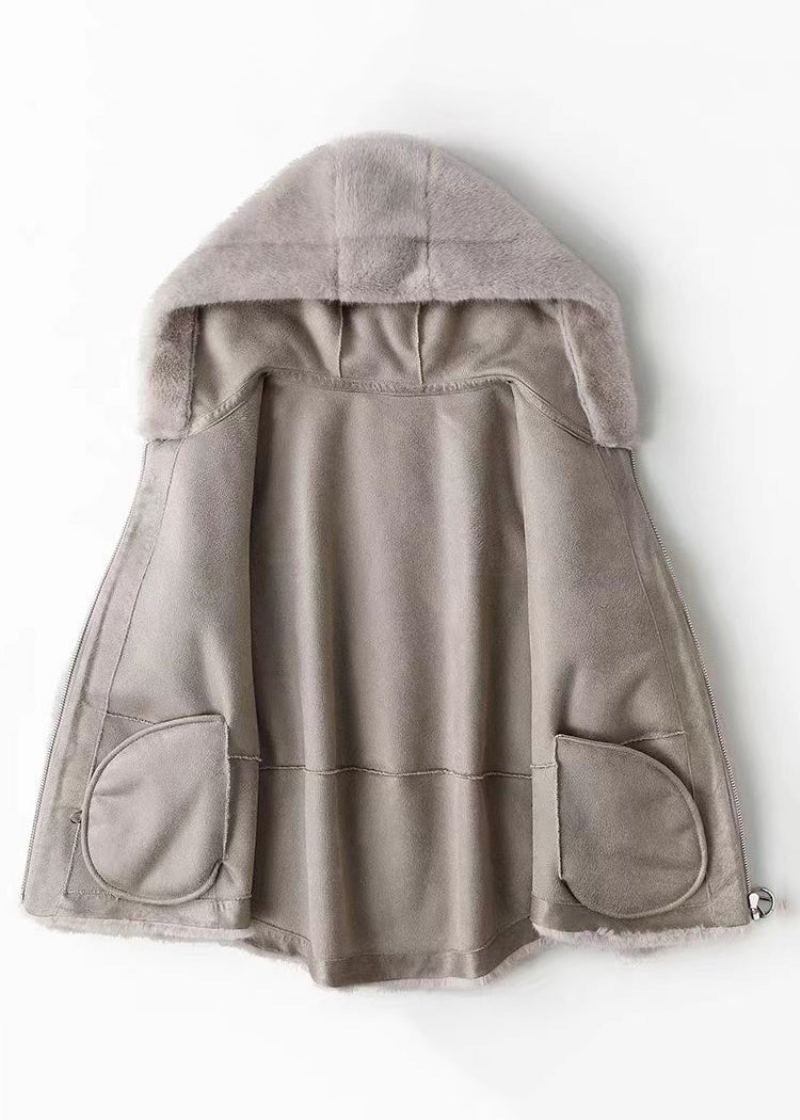 Manteau À Capuche En Poils De Vison Solide Avec Fermeture Éclair Et Patchwork Marron Moderne À Manches Longues - Manteaux d'hiver femmes