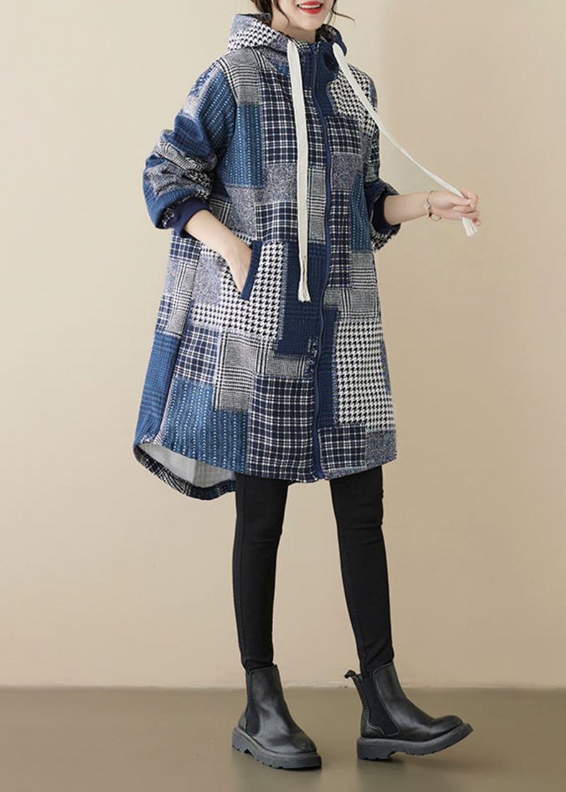 Manteau À Capuche En Polaire Chaud Bleu Ample Avec Fermeture Éclair À Carreaux Patchwork Printemps - Manteaux d'hiver femmes