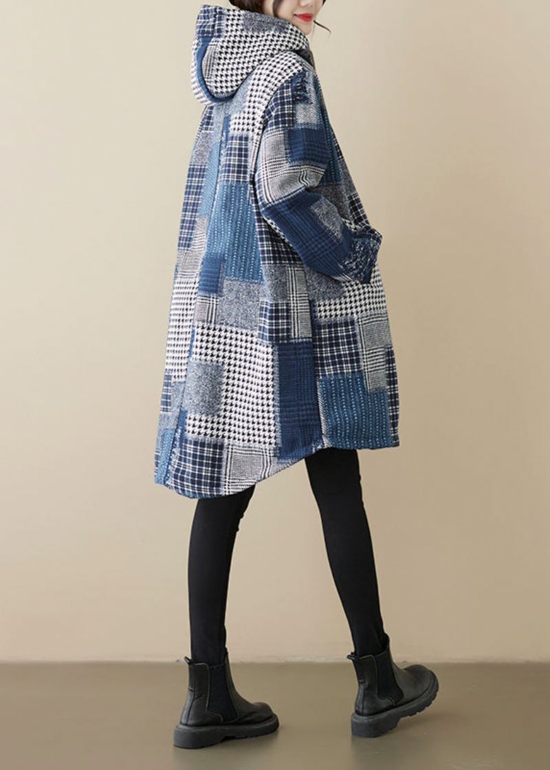 Manteau À Capuche En Polaire Chaud Bleu Ample Avec Fermeture Éclair À Carreaux Patchwork Printemps - Manteaux d'hiver femmes