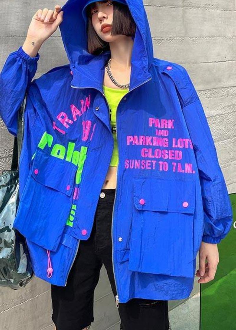 Manteau À Capuche De Printemps Chic Avec Poches Imprimées Bleues Et Fermeture Éclair