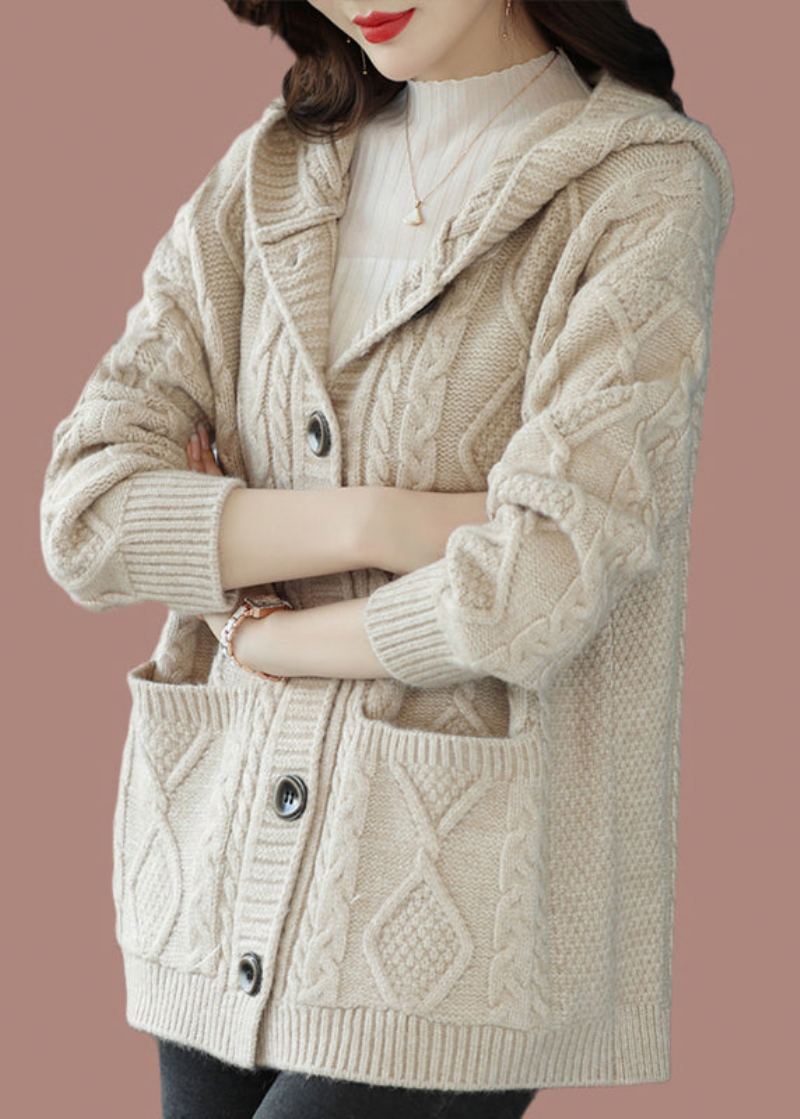 Manteau À Capuche En Tricot De Laine À Boutons Beige Élégant Automne - Beige