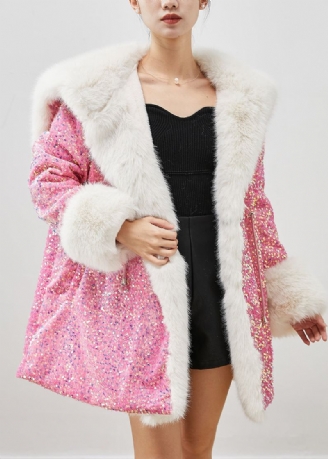 Manteau À Capuche En Velours Fausse Fourrure Rose Vêtements D'extérieur Paillettes Cordon De Serrage Hiver