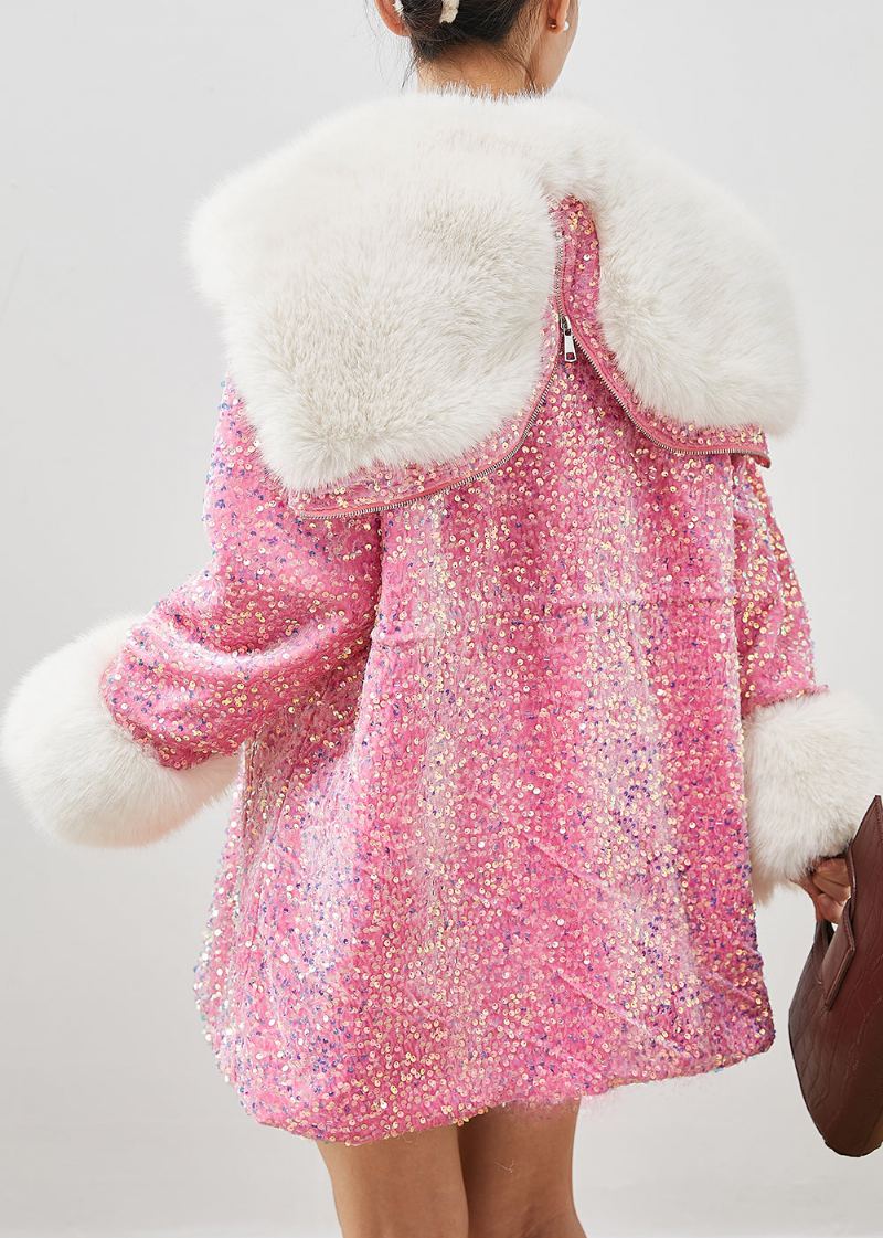 Manteau À Capuche En Velours Fausse Fourrure Rose Vêtements D'extérieur Paillettes Cordon De Serrage Hiver - Manteaux d'hiver femmes