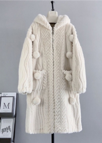 Manteau À Capuche En Velours De Vison Décoré De Boules Floues Beige Ample Avec Fermeture Éclair Pour L'hiver