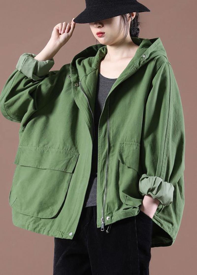 Manteau À Capuche Vert Avec Poches Grande Taille Printemps - Vert