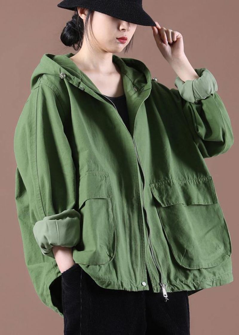 Manteau À Capuche Vert Avec Poches Grande Taille Printemps - Vert