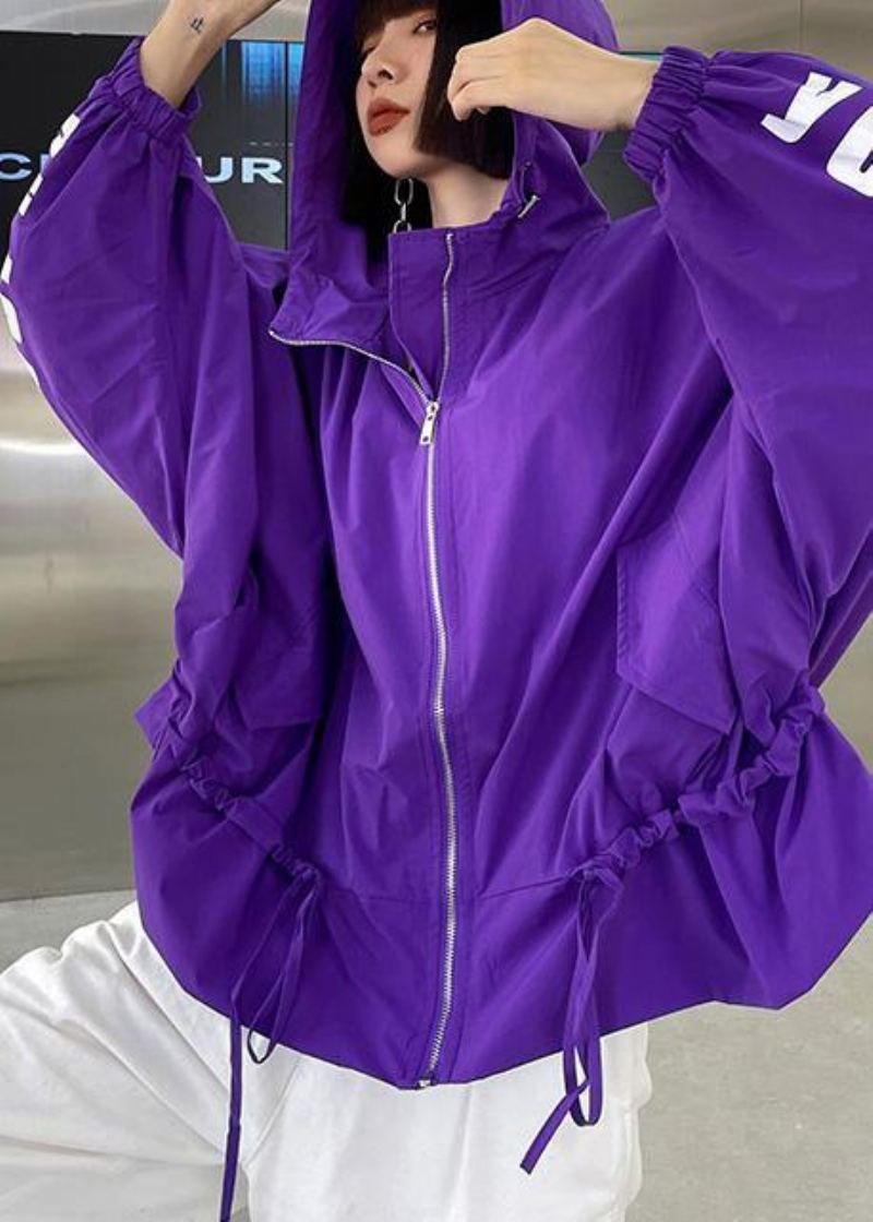 Manteau À Capuche Zippé Avec Lettre En Coton Violet Unique Printemps