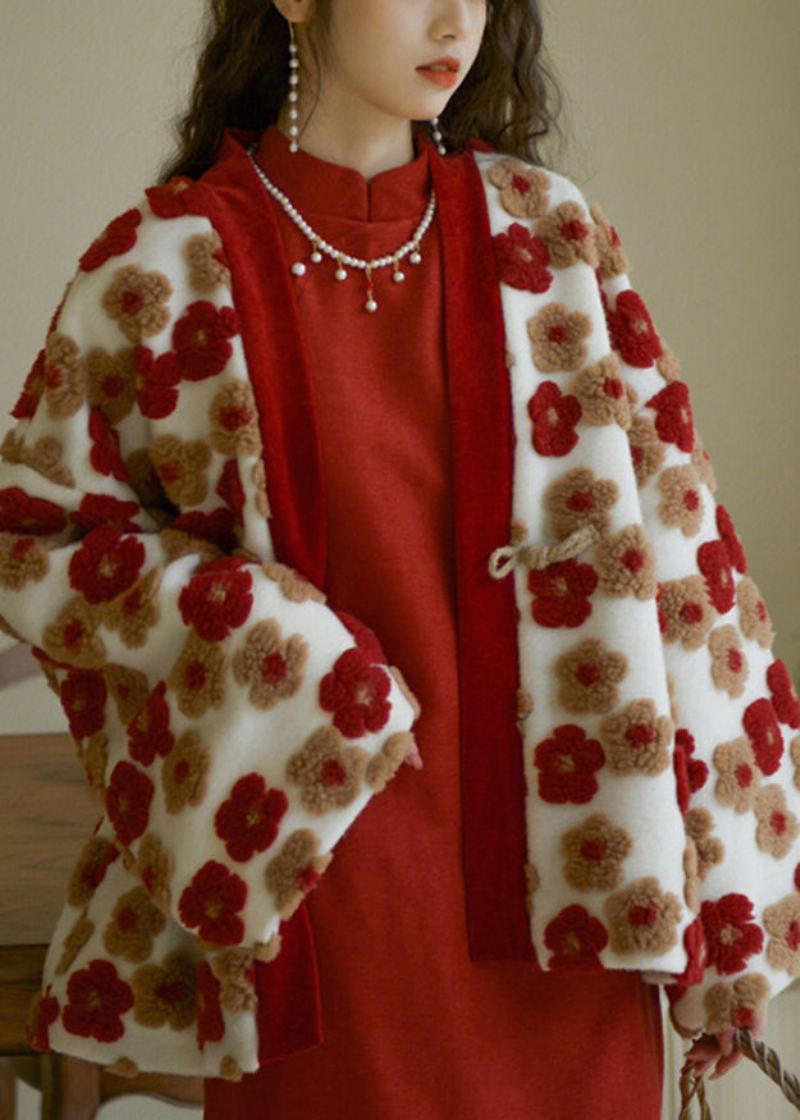 Manteau Chaud Floral À Col En V Rouge Français Hiver