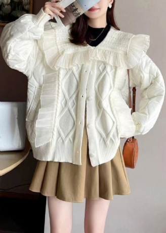 Manteau Chic En Tricot Blanc À Volants Patchwork Rempli De Coton Manches Longues