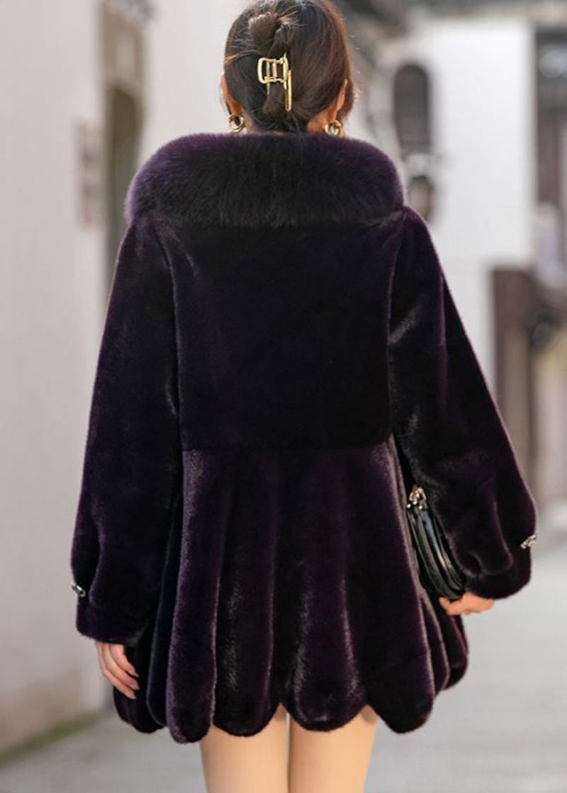 Manteau Chic En Velours De Vison Chaud Avec Col En Fourrure Violet Terne Hiver - Manteaux d'hiver femmes