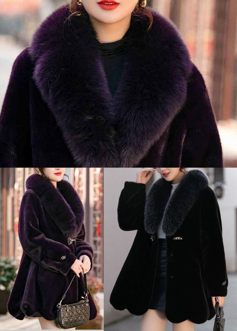 Manteau Chic En Velours De Vison Chaud Avec Col En Fourrure Violet Terne Hiver - Manteaux d'hiver femmes