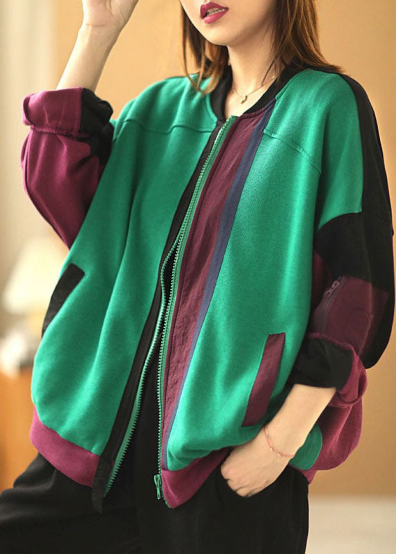 Manteau Chic Vert Poches Amples Patchwork Automne À Manches Longues