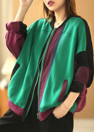 Manteau Chic Vert Poches Amples Patchwork Automne À Manches Longues