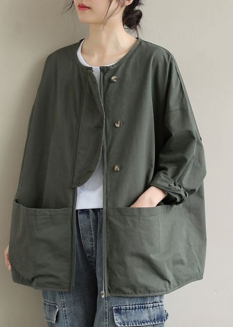 Manteau En Coton Avec Poches Zippées Pour Femmes Vert Armée Printemps - Vert Armée