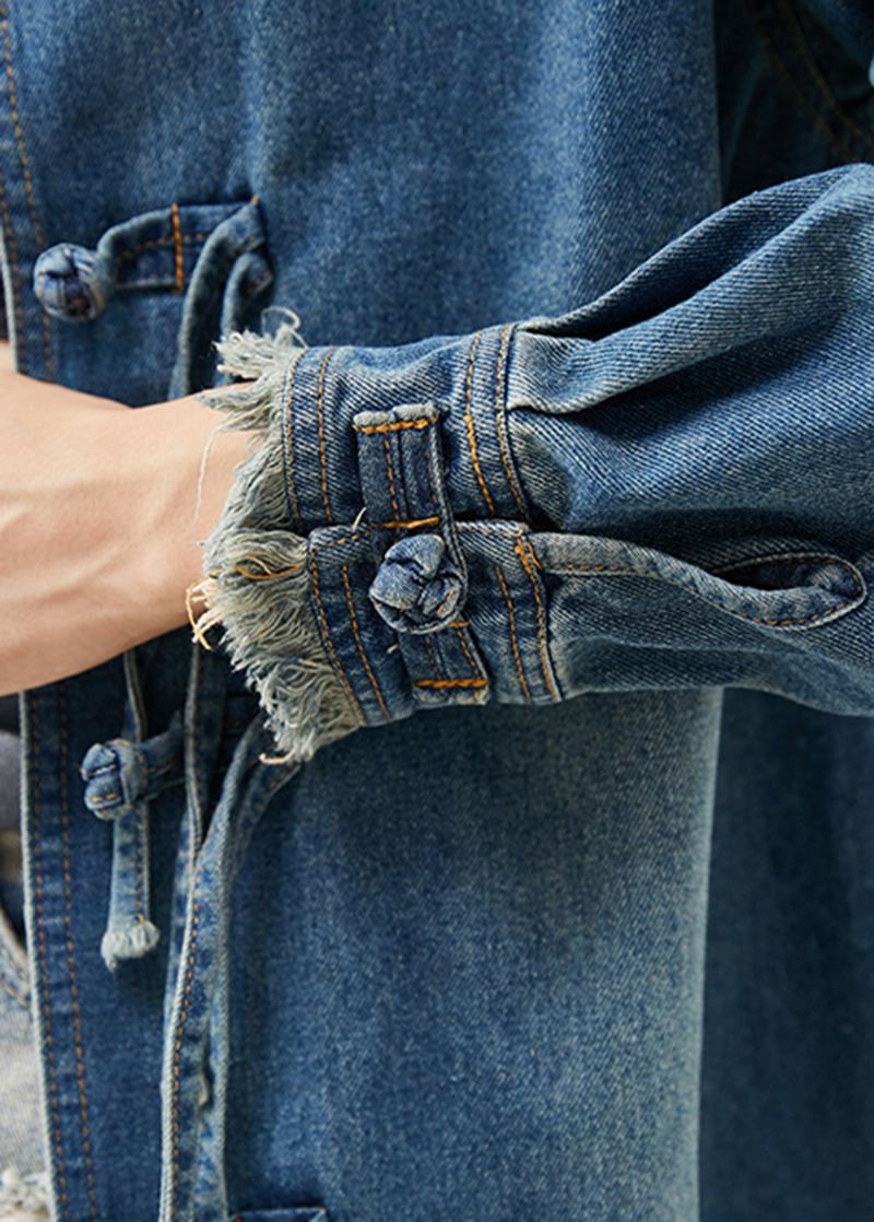 Manteau En Coton À Boutons Chinois Bleu Denim Grande Taille Vêtements D'extérieur Printemps - Manteaux d'hiver femmes