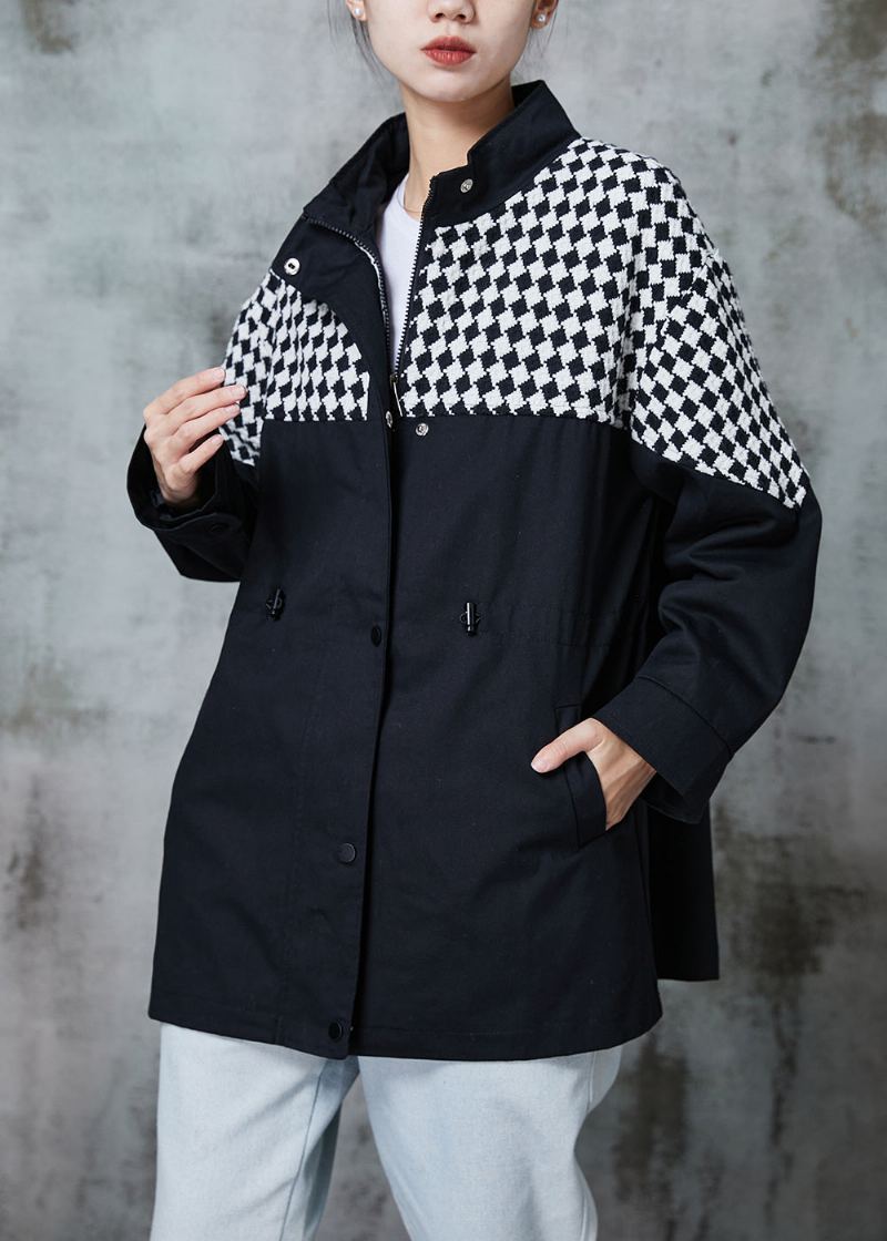 Manteau En Coton À Carreaux Noirs Fait À La Main Patchwork Cordon De Serrage Vêtements D'extérieur Printemps - Manteaux d'hiver femmes