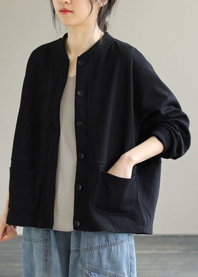 Manteau En Coton Confortable Avec Poches Noires Et Patchwork Automne - Noir