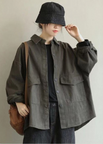 Manteau En Coton Décontracté Gris Avec Poches Surdimensionnées Vêtements D'extérieur D'automne