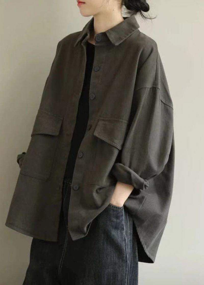 Manteau En Coton Décontracté Gris Avec Poches Surdimensionnées Vêtements D'extérieur D'automne - Manteaux d'hiver femmes