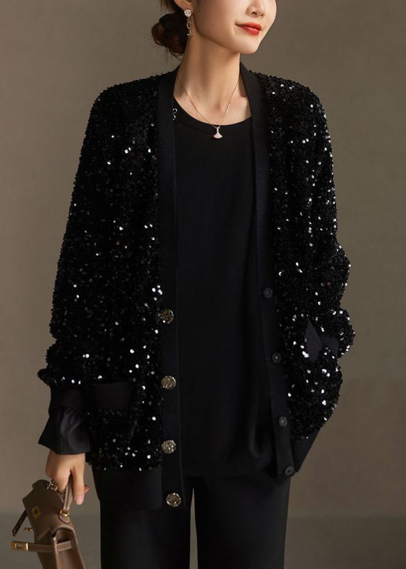 Manteau En Coton Fait Main À Paillettes Noires Avec Poches Boutonnées Printemps