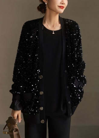 Manteau En Coton Fait Main À Paillettes Noires Avec Poches Boutonnées Printemps