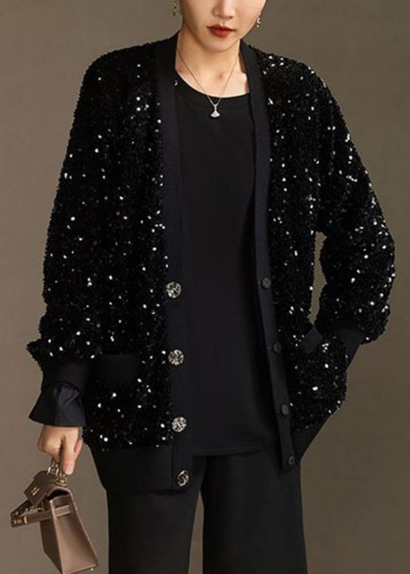 Manteau En Coton Fait Main À Paillettes Noires Avec Poches Boutonnées Printemps - Manteaux d'hiver femmes