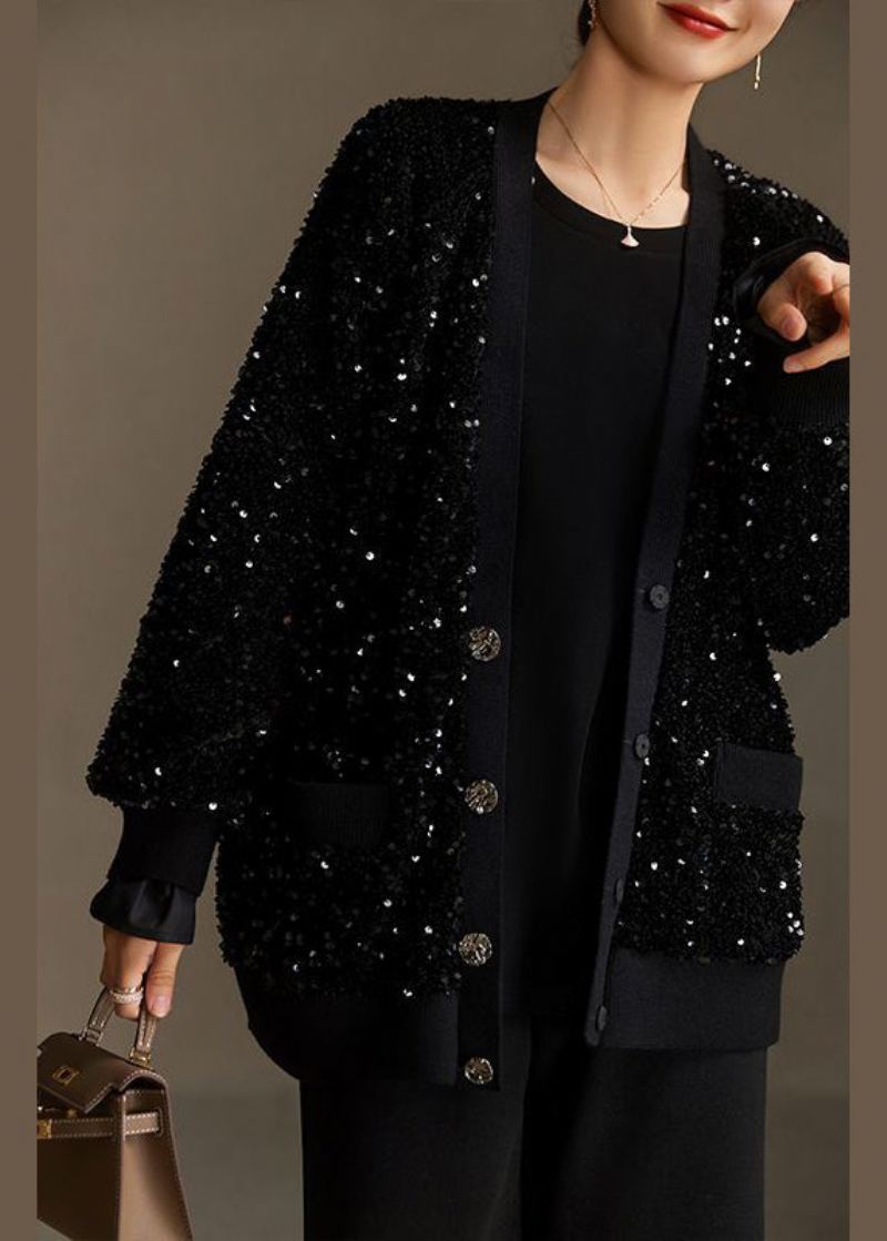 Manteau En Coton Fait Main À Paillettes Noires Avec Poches Boutonnées Printemps - Manteaux d'hiver femmes