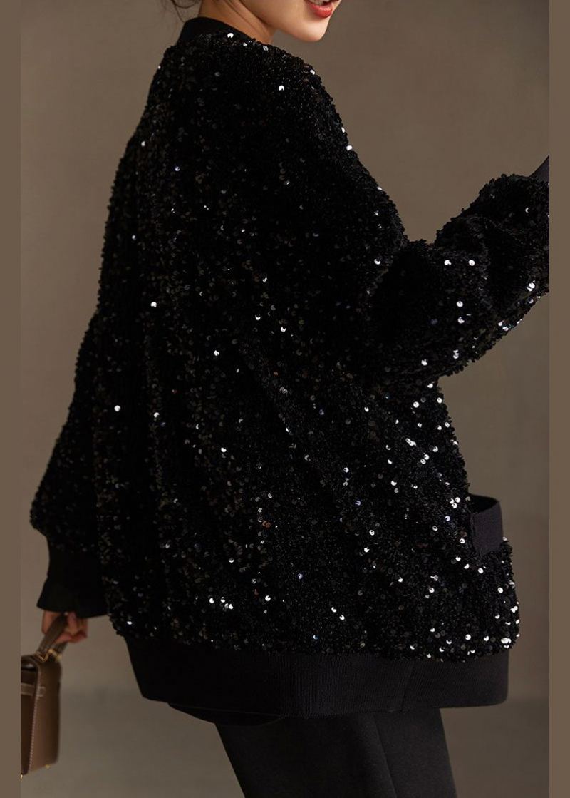 Manteau En Coton Fait Main À Paillettes Noires Avec Poches Boutonnées Printemps - Manteaux d'hiver femmes