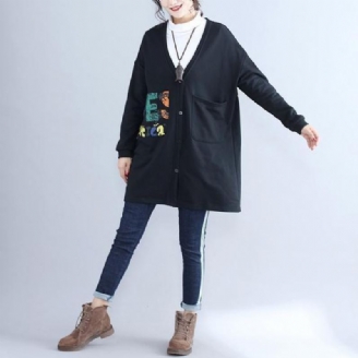 Manteau En Coton Imprimé Alphabet Noir Grande Taille Col En V Cardigans À Capuche Vêtements D'extérieur Automne 2024