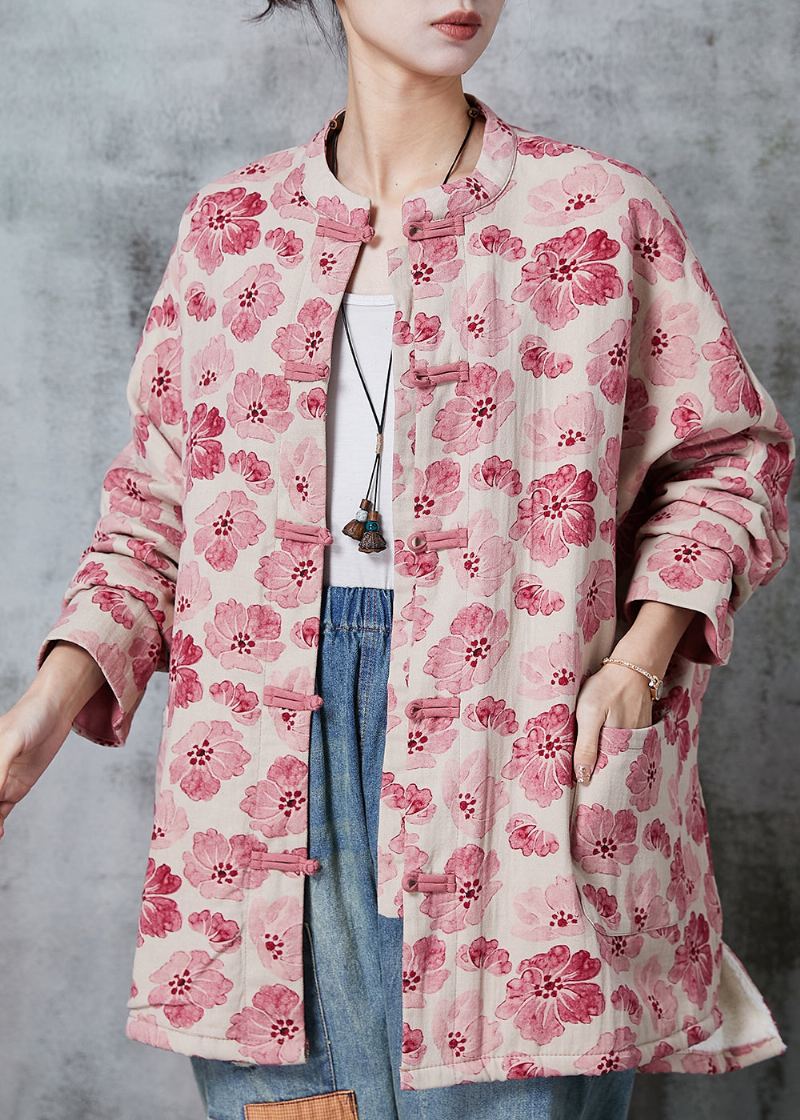 Manteau En Coton Imprimé Rose Vêtement D'extérieur Bouton Chinois Printemps - Manteaux d'hiver femmes