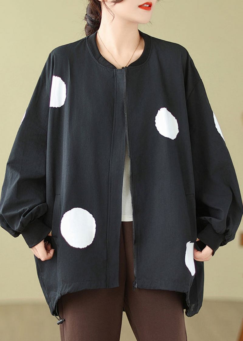 Manteau En Coton À Manches Longues Avec Cordon De Serrage Et Fermeture Éclair À Pois Noirs De Grande Taille - Manteaux d'hiver femmes