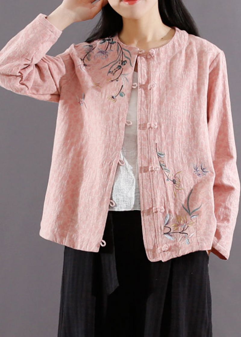 Manteau En Coton Patchwork Bouton Chinois Rose Manches Longues Jacquard - Manteaux d'hiver femmes