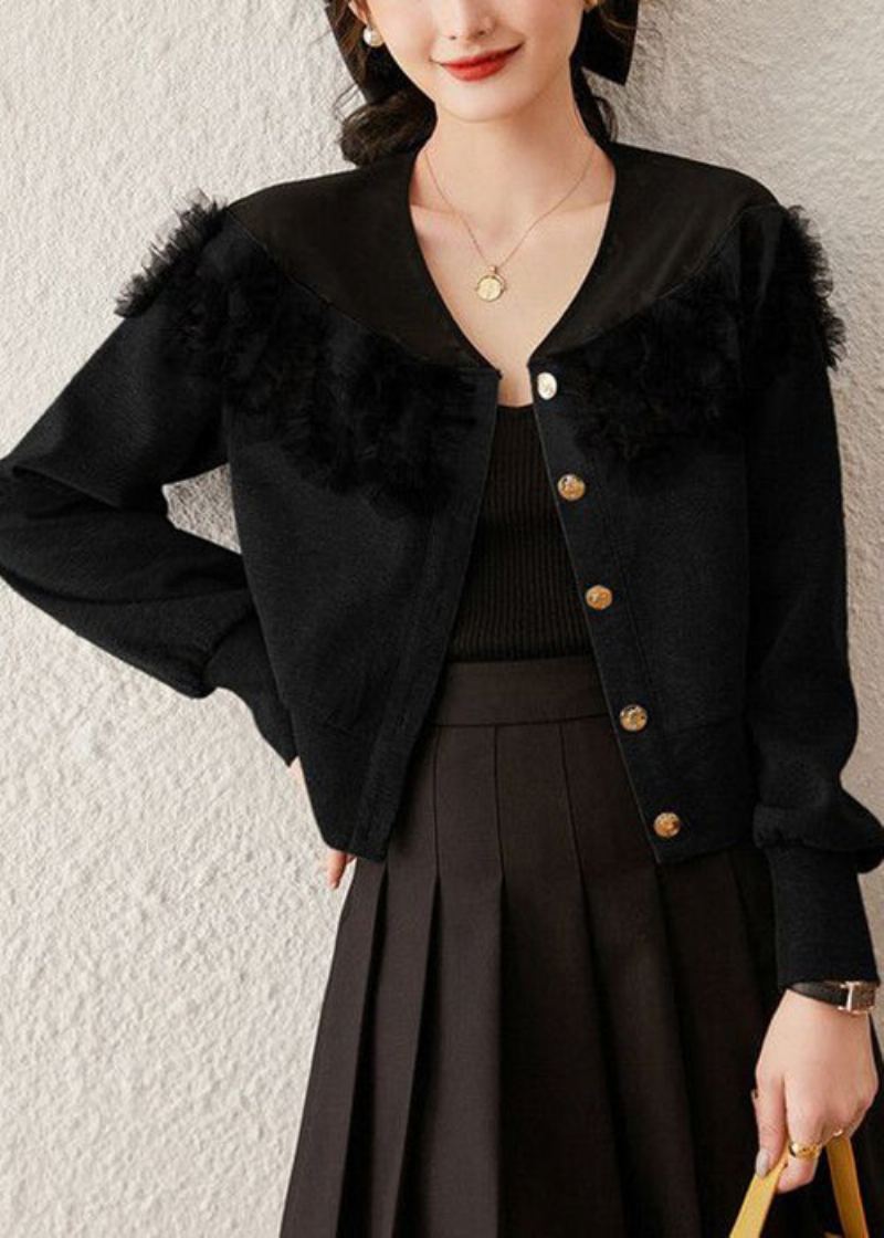 Manteau En Coton Patchwork De Tulle Noir Col En V Manches Longues